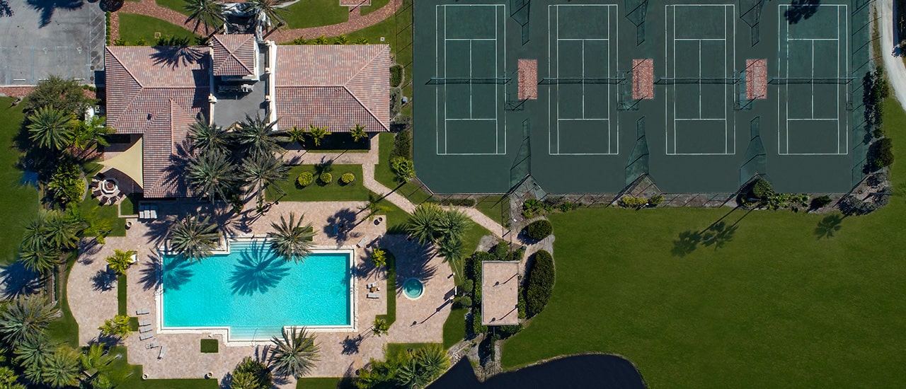 aerial of the tesoro clubhouse and sports courts