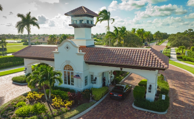 aerial of the gated entrance at tesoro