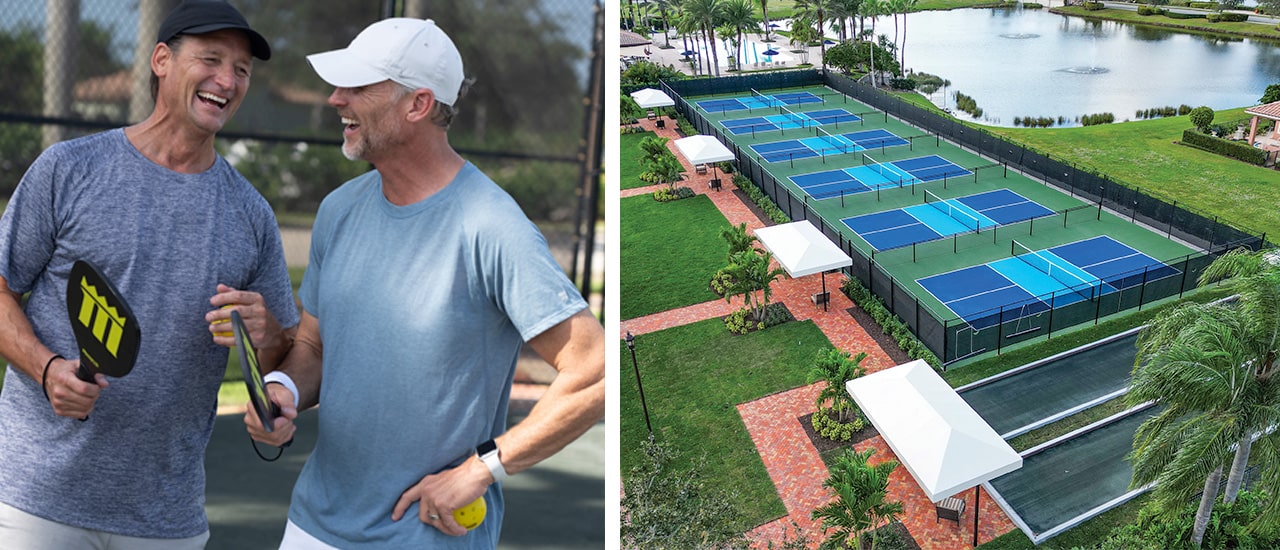 gallery of two men with pickleball paddles and the courts at tesoro club